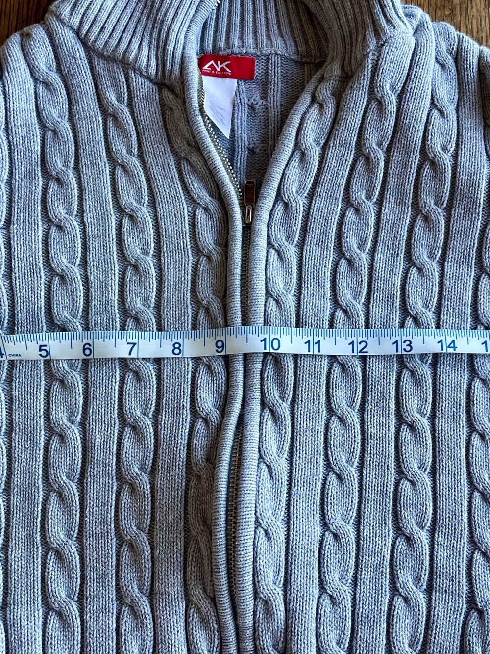 Anne Klein Sport Gray Cable Knit Full Zip Mock Neck Sweater - Size L - vintage - Picture 7 of 9